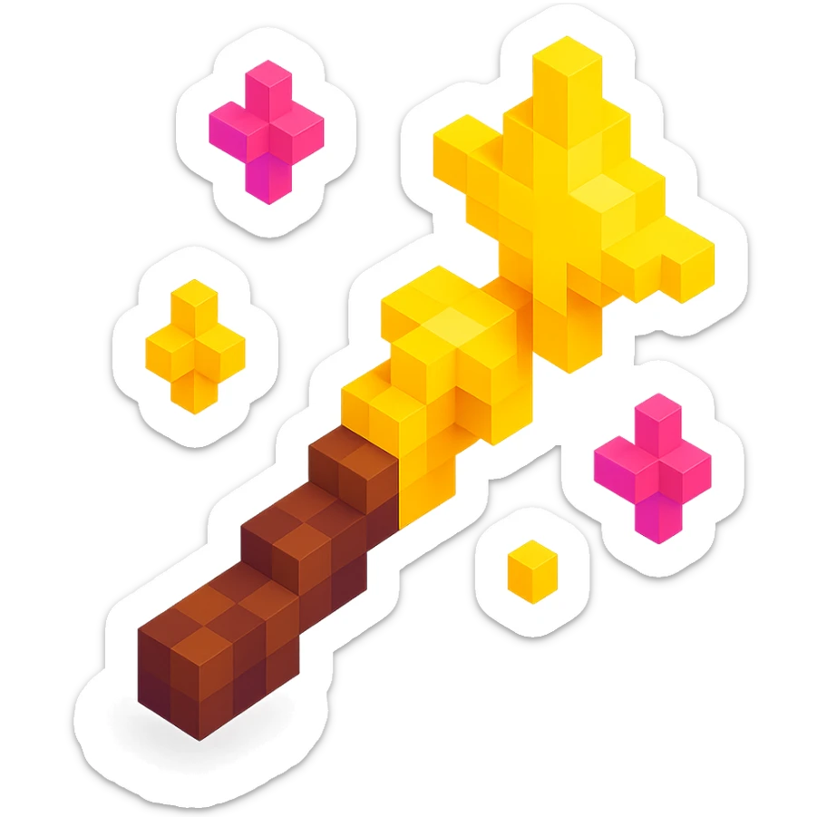 3D Minecraft-style voxel emoji of a magic wand with sparkles, inspired by Harry Potter, blocky and cubic sticker