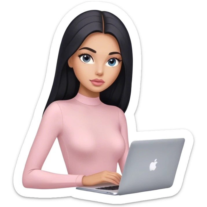 Glamours, tanned, very beautiful girl, with big pump peach-beige-rose lips, long lashes, black straight smooth silky long hair, straight parting hair, blue-grey eyes, in light-pink bodysuit holding MacBook sticker
