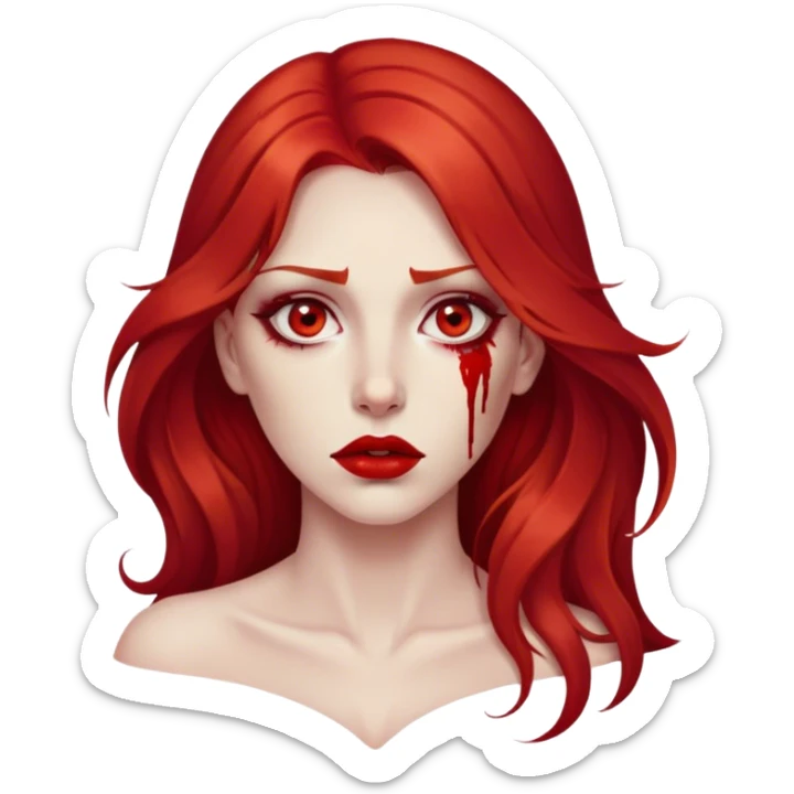 a woman with long red hair and red eyes. She have red lipstick. blood on face and metaphorical chest sticker