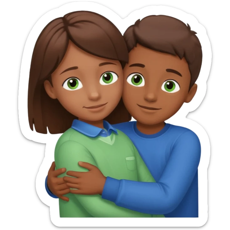garcon grand brown aux yeux bleus câlin fille petite yeux verts cheveux brown  sticker