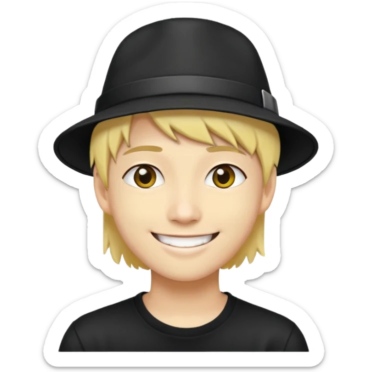 nam 20 tuổi, da vàng, tóc ngắn màu vàng, đội mũ màu đen, mặt cười tươi, thành viên ban nhạc rock sticker