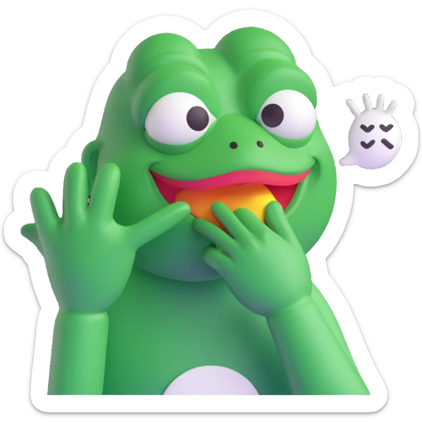Pepe the Frog in a 3D emoji style, holding his hand over his mouth as if trying not to laugh, with a speech bubble above or beside him that says 'bus garso'. Playful style similar to the reference image, but without the hat, cigar, drink, or bottle. Variant 1. sticker