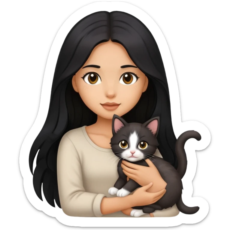Beautiful girl with long black hair holding a cute kitten in her arms sticker