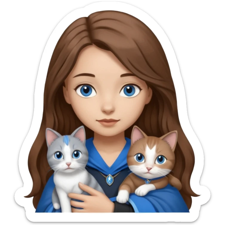 gorgeous Girl with light skin, blue eyes, long brown hair, wears a ravenclaw outfit, with a grey and white cat holding in her arms sticker