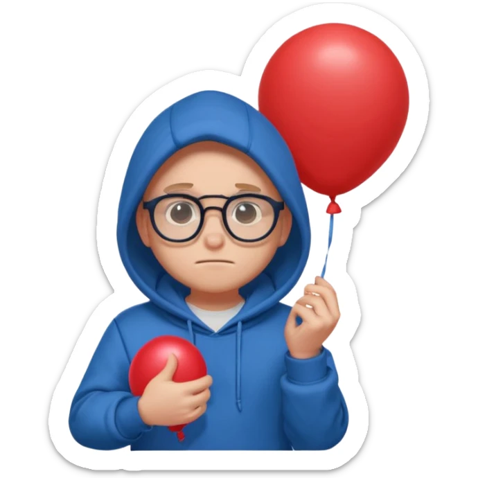 Gus from Brawl Stars, shy pose, round glasses, holding balloon, blue hoodie sticker