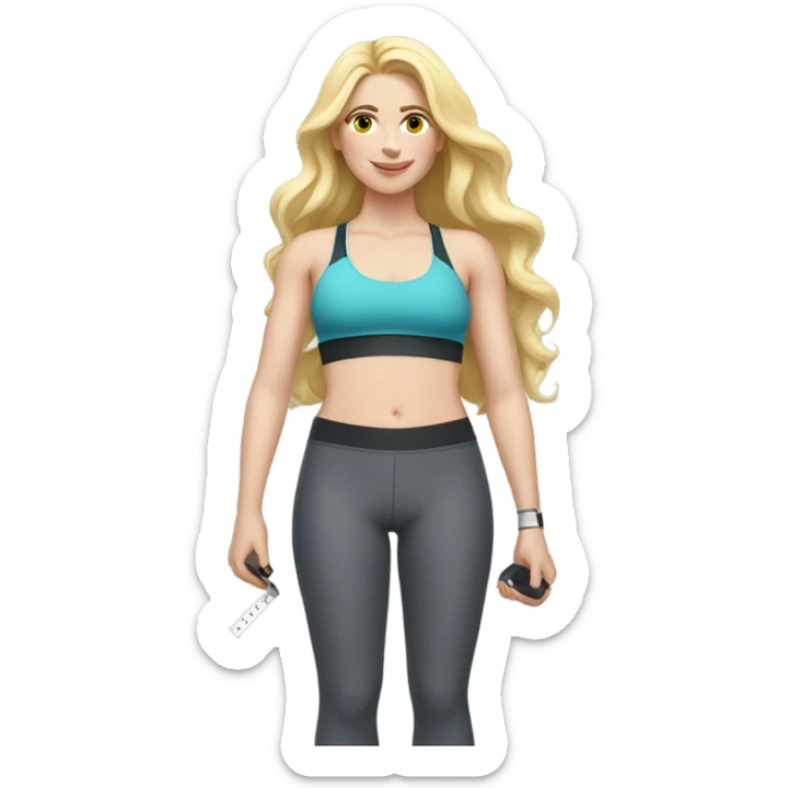Woman, white skin, pale skin, long hair, blonde hair, wavy hair, standing, sports bra, leggings, tape measure around waste sticker