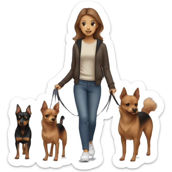 A light brown haired girl, walking one mini black and tan miniature Pinscher and one bigger, fluffy & light brown Spitz on the lead sticker