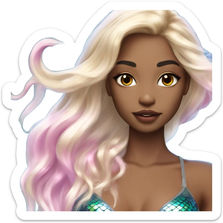 mermaid, model, magical, blonde hair, pink lips, iridescent, mystical, shiny, holographic, straight hair with highlights, scales  sticker