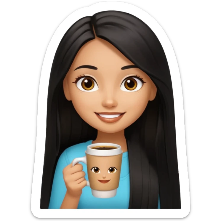 a pretty tan bratz girl with black long straight hair smiling and drinking coffee sticker
