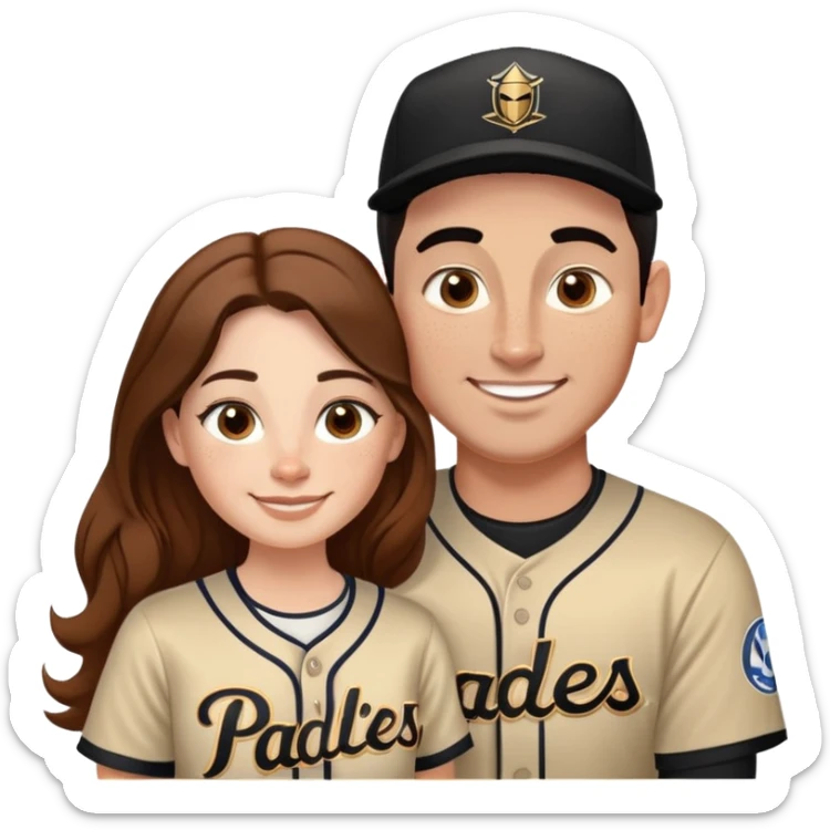 *White* couple smiling. Woman has big cheeks and a lot of freckles on the nose. long brown hair. Man has black and very short hair and prominent eyebrows with egipcian nose. Both are wearing “Los Padres” baseball new 2025 jearsey sticker