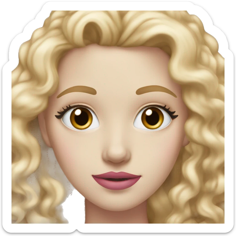 Pale white 25 year old woman with blue eyes, long blonde and curly hair, light brown eyebrows and pink lips sticker