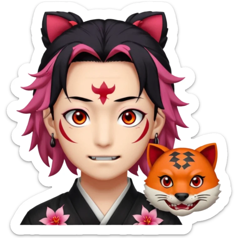 tanjiro male : Kind red eyes, black hair with burgundy tips, forehead scar, tanned skin, Hanafuda earrings.                             nezuko:   Pink eyes, black-orange hair, fangs, bamboo muzzle in mouth. sticker