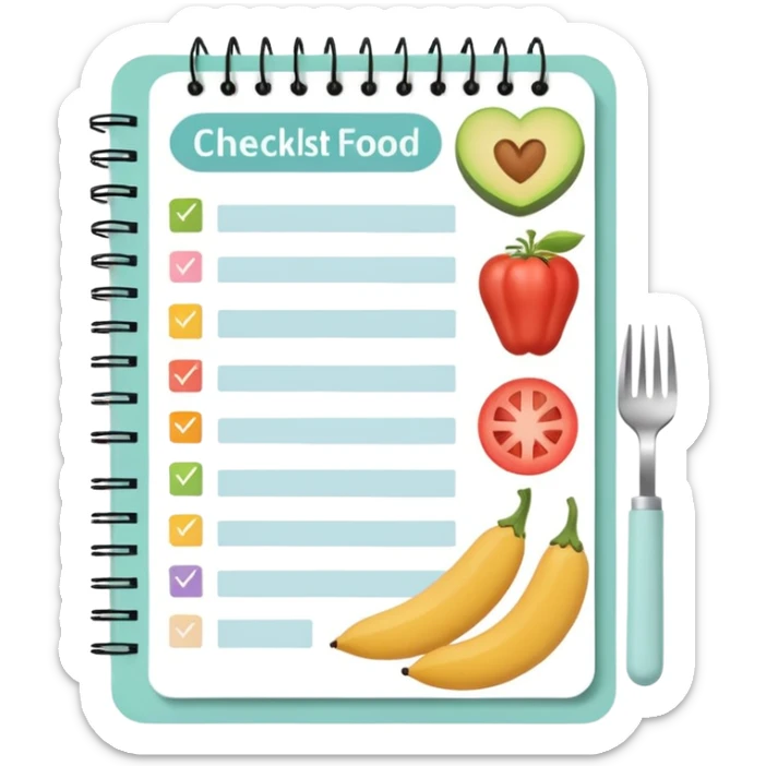 Emoji of checklist notebook with healthy food icons, nutrition planning, flat minimal emoji, pastel colors sticker
