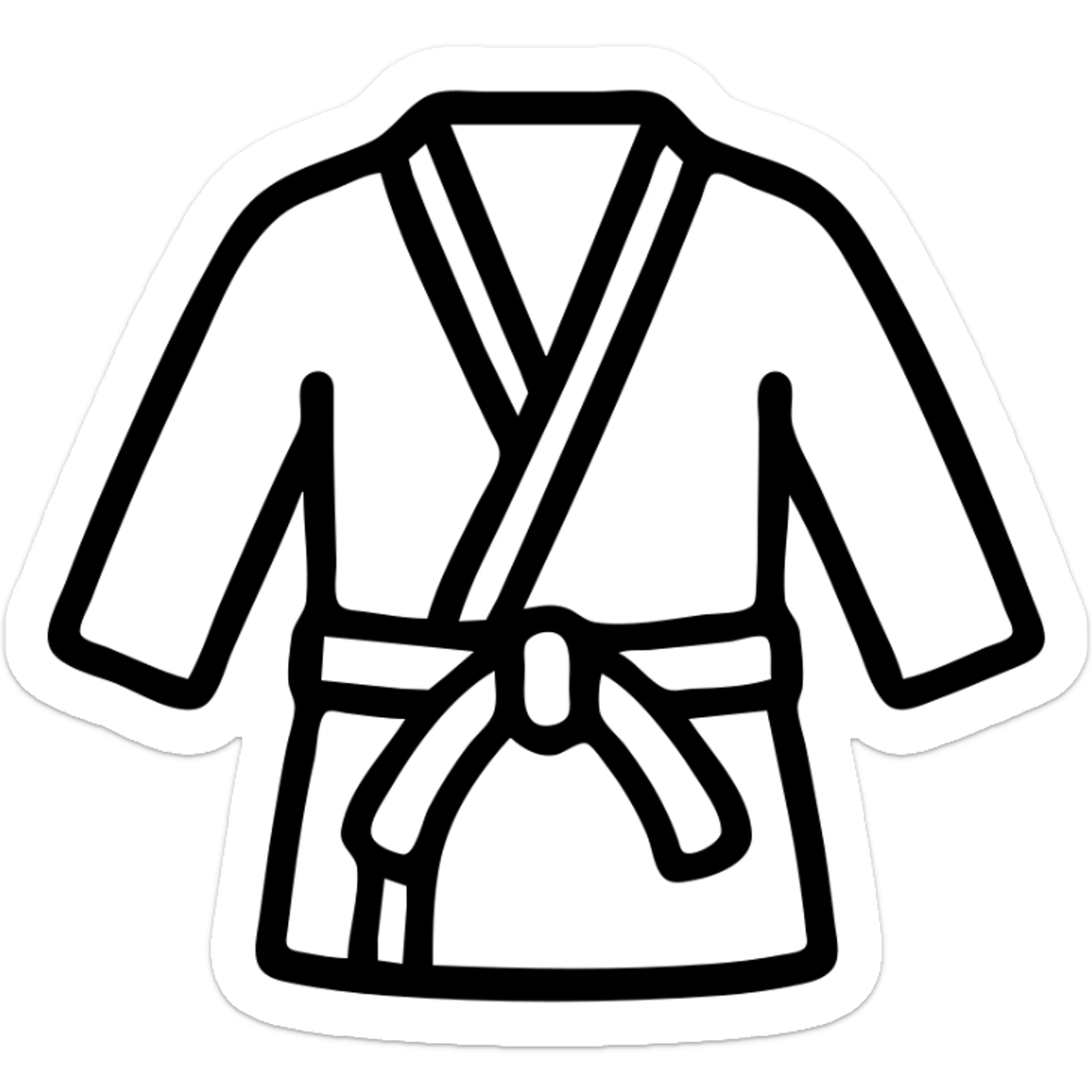 outline-only icon of a jiu-jitsu gi (kimono), white or transparent outline, black belt with detailed knot and trailing ends, slightly rounded and humanized form, clean and modern, no fills or shadows, centered with arms relaxed outward, belt symmetrical, fun but respectful, evokes discipline and progress sticker