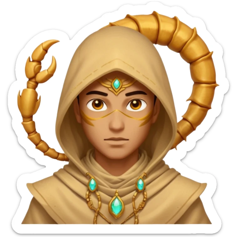 desert sand mage portrait, head and shoulders only, scorpion-themed hood, golden desert jewelry, swirling sand aura, glowing eyes, fantasy vibe, 3D cartoon, mobile game icon style, clean background, no text, no watermark
 sticker