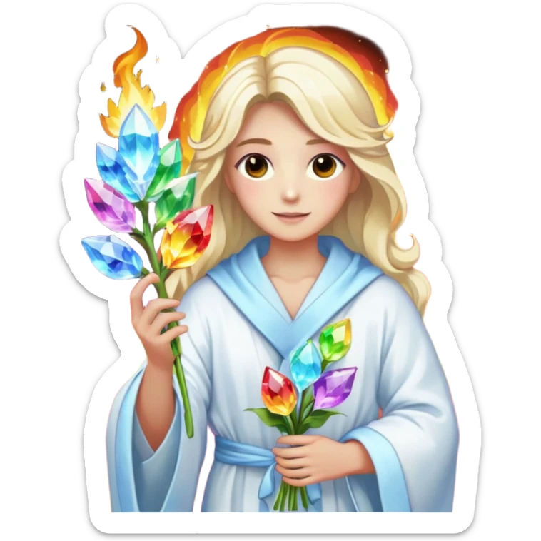 a being made of light of light with a robe on made of light and who is lanky holding a bouquet of crystal flowers on rainbow fire sticker