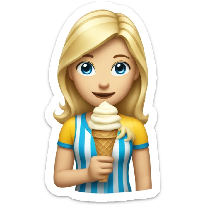 Girl with mid length blonde hair, blue eyes, yellow striped shirt, holding vanilla ice cream cone sticker