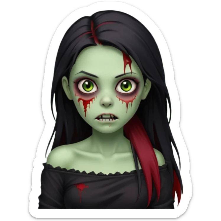 Garota zumbi com cabelo todo preto liso longo e mechas vermelhas na lateral da cabeça dos dois lados, usando uma blusa com um lado da manga caida preta  sticker