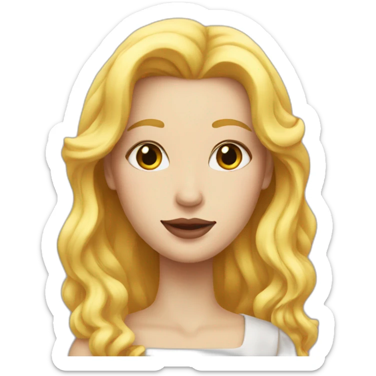 A white woman with yellow hair and pink lipstick with long hair and a top sticker