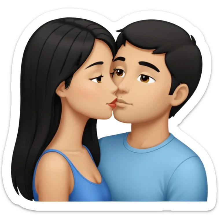 Tan girl with black hair kissing same skintone man with short black hair with a clean lineup sticker