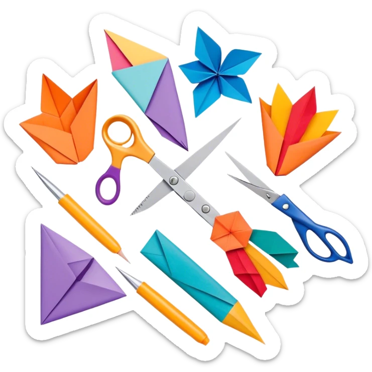 Paper crafting icon, various paper crafts like origami, paper flowers, and scrapbooking materials, visible tools such as scissors, glue stick, and paper sheets, colorful paper patterns, minimalistic style, clean lines, transparent background. sticker