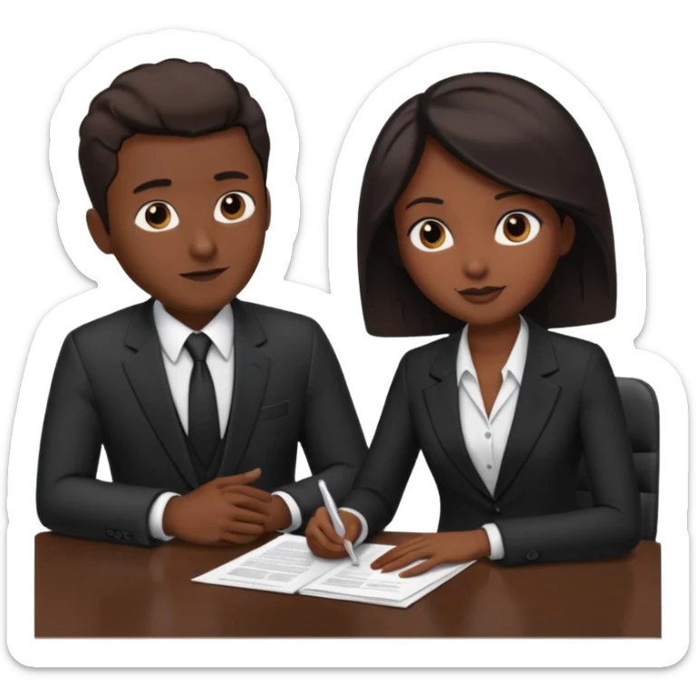 man in formal suit talking to woman in formal suit, they sit, papers in hands on the table sticker