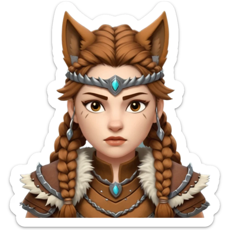 barbarian woman wolf rider portrait, head and shoulders only, fierce female warrior, fur-lined barbarian armor collar, wolf fur details, wild braided hair, intense eyes, tribal warrior vibe, fantasy style, 3D cartoon, mobile game icon style, clean background, no text, no watermark
 sticker