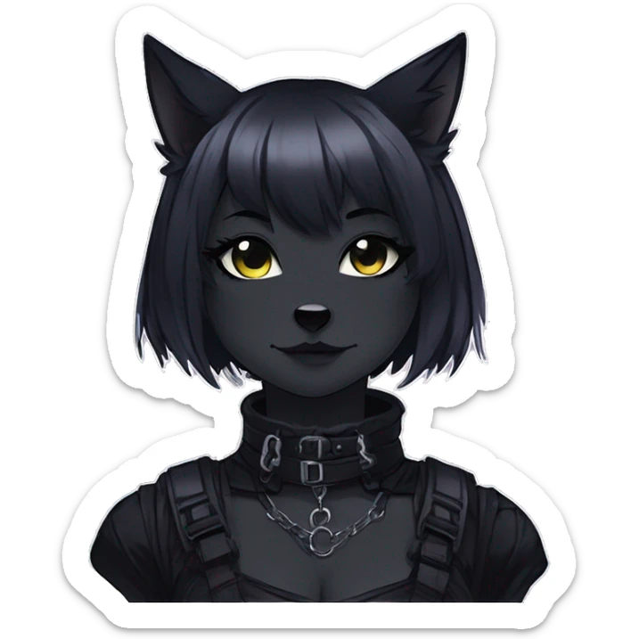 Gorgeous gothic dark techwear anime style anthro black cat furry with blushing face aesthetic and pretty edgy black with collar and harness trending style sticker