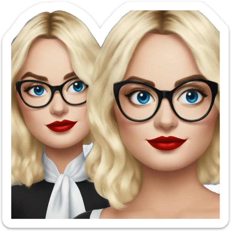  Margot Robbie, bright blue eyes and winged eye liner, red kisses, wearing black glasses  sticker