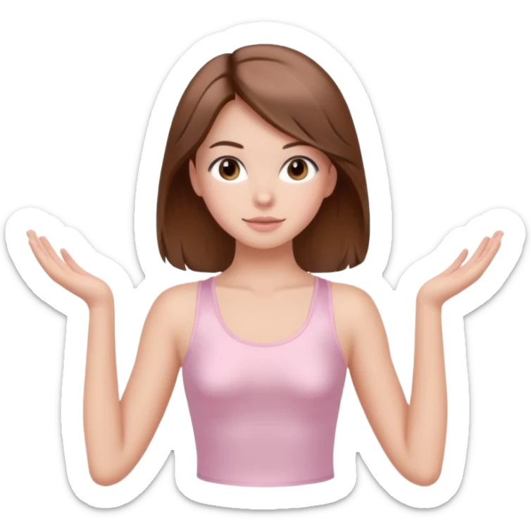brown hair girl wearing light pink pilates clothes, silk beautiful medium hair and brown eyes sticker
