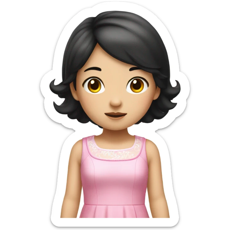 2 twin asian female kid standing up wearing cute pink dress, black hair and white skin sticker