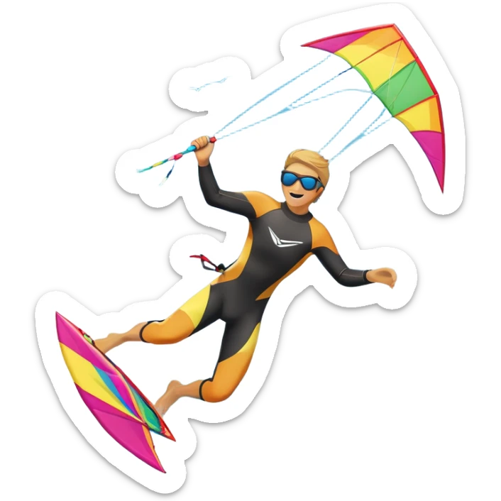 A kite surfer gliding across the water with a colorful kite soaring in the wind. The scene captures the excitement and fluid movement of the sport, with waves splashing around and a clear sky, emphasizing freedom and adventure. sticker