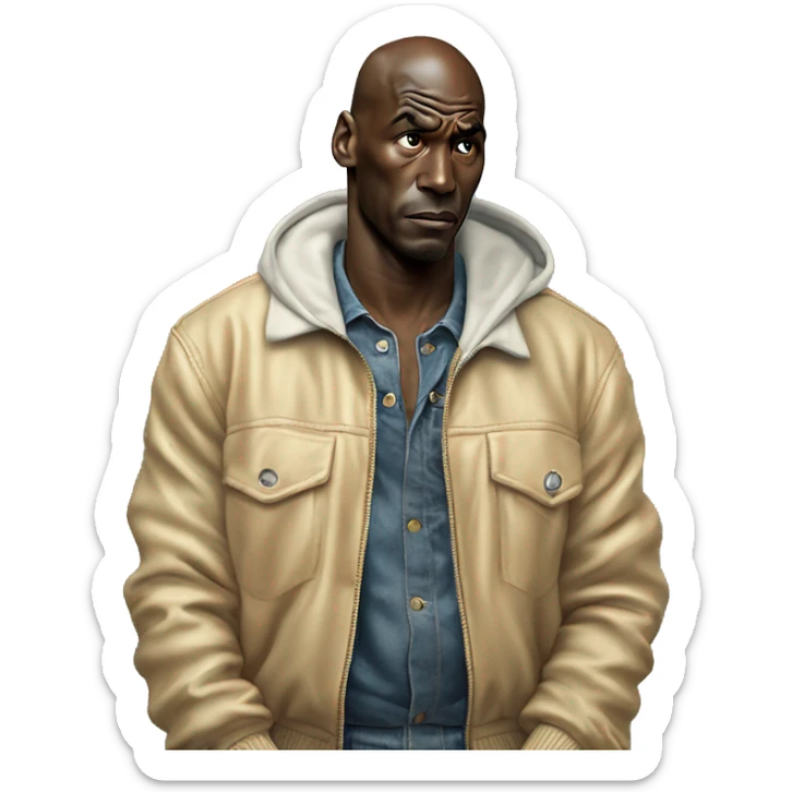 Michael Jordan in a jacket holds his head and is sad photorealistic serious sticker