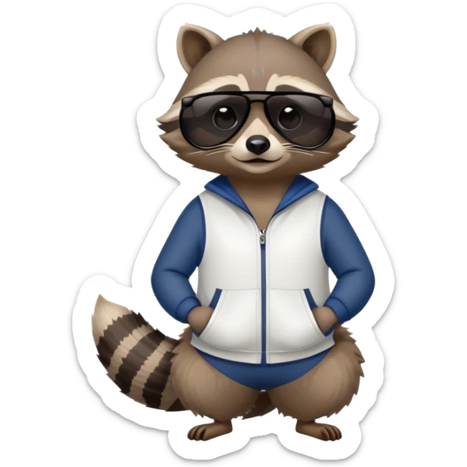 friendly anthropomorphised raccoon in sports wear, wearing dark sunglasses, relaxed pose, mafia style sticker