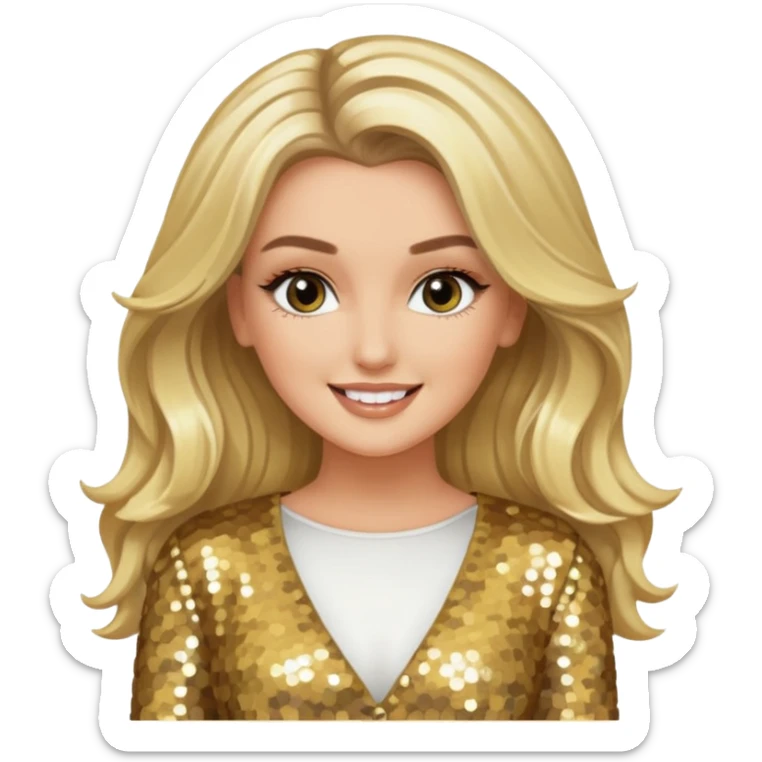 Perrie Edwards from Little Mix with long blonde hair, gold sequin outfit sticker