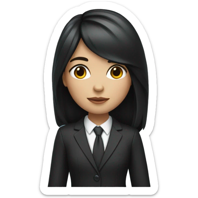 creates a girl with white skin and long black hair wearing a suit and a mackbook in her hand sticker