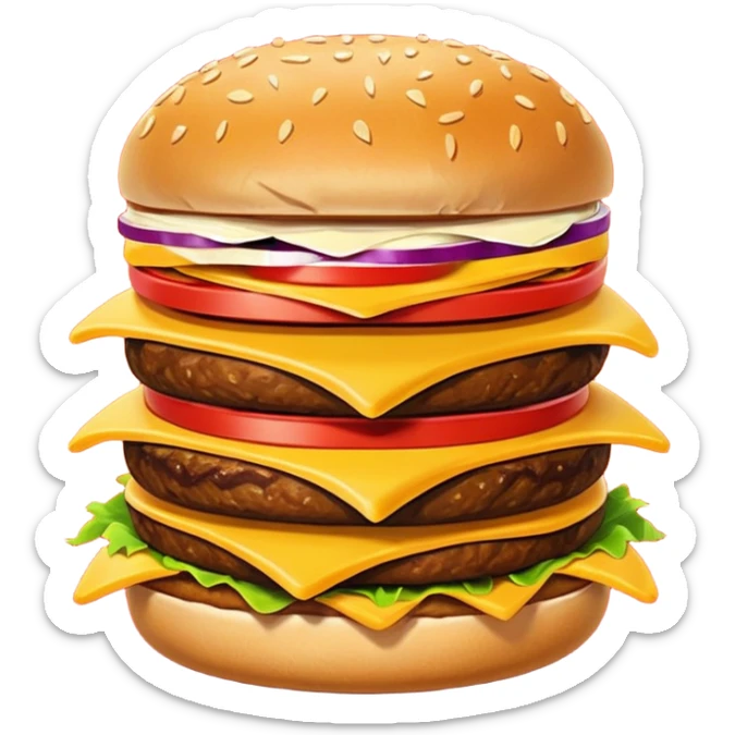 A clean and simple icon of fast food in emoji-style illustration. A burger with fries, naggets and shaverma, bright and bold colors, simple shapes, flat design, high contrast, inviting and appetizing. sticker