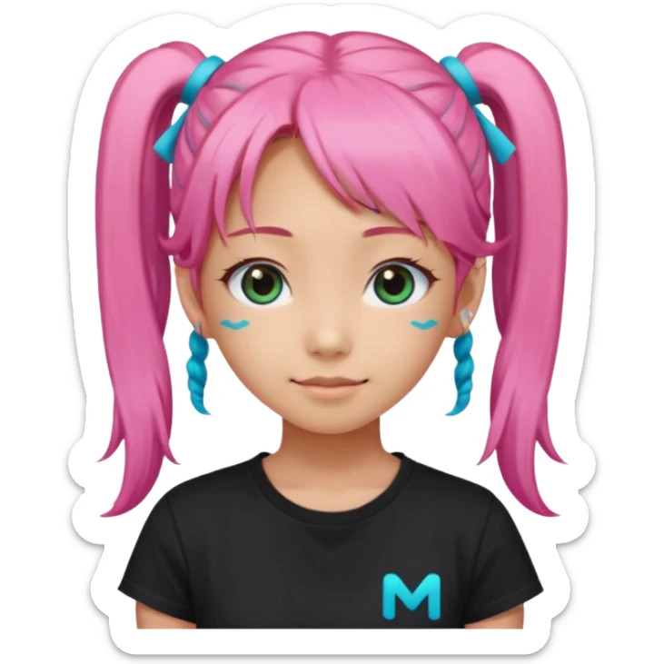 a girl wearing a black t shirt with cyan letters'mira', brave and smart face, narrow eyes, korean girl, small grin,half up half down look with two diagonal pigtails, long pink hair sticker