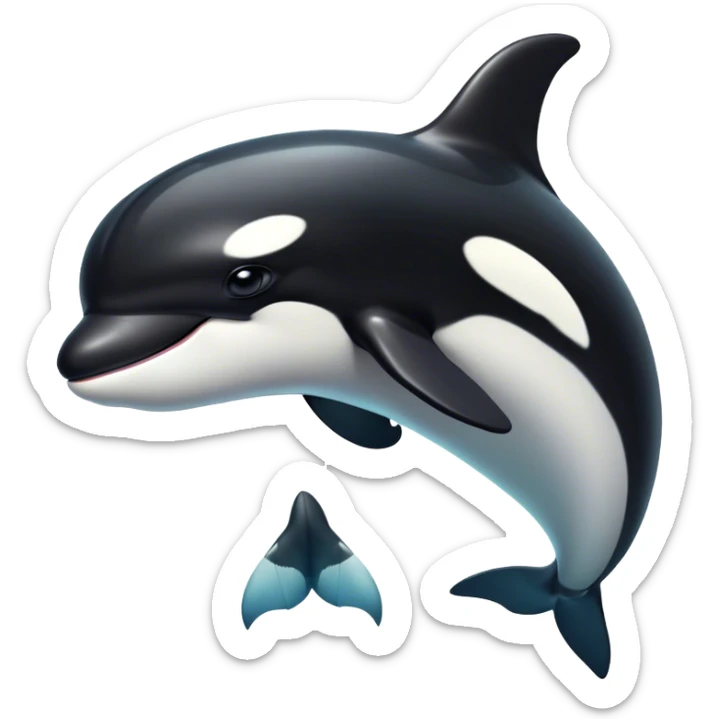 Cinematic Noble orca Portrait Emoji, Poised and majestic, with a sleek, streamlined black-and-white body, piercing intelligent eyes, and a powerful, commanding presence, Simplified yet sharp and sophisticated features, highly detailed, glowing with a soft oceanic radiance, high shine, intelligent and formidable, stylized with an air of deep-sea dominance, focused and alert, soft glowing outline, capturing the essence of an apex predator that appears ready to surge out of the waves with effortless authority! sticker
