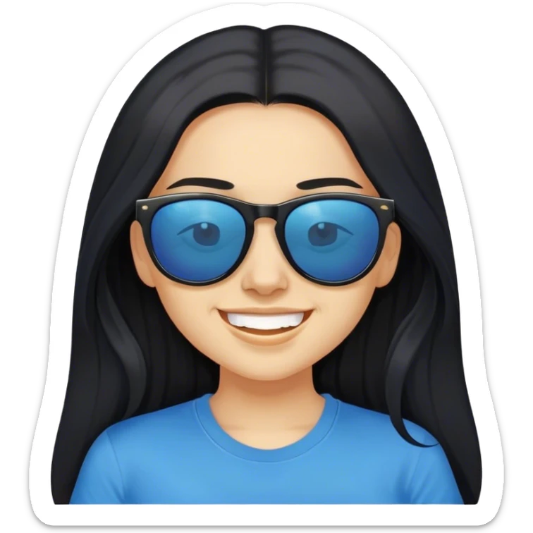 A face of girl with black long hair, wearing sunglasses and a blue t-shirt.She's grinning. sticker
