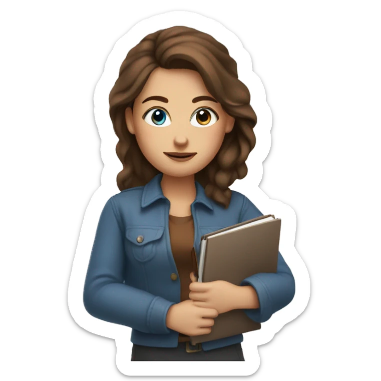 Women with blue eyes and brown hair with a pen and a notebook in her hands sticker