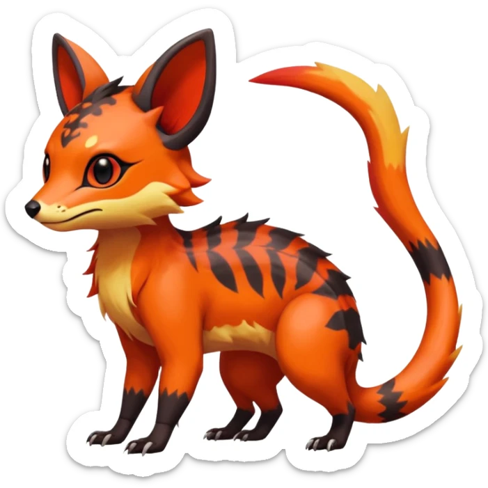 Rare tropical warm-colored exotic cute epic aesthetic colorful Salandit-Eevee-Civet-species-Fakemon-hybrid-creature, with wild fiery markings, full body sticker