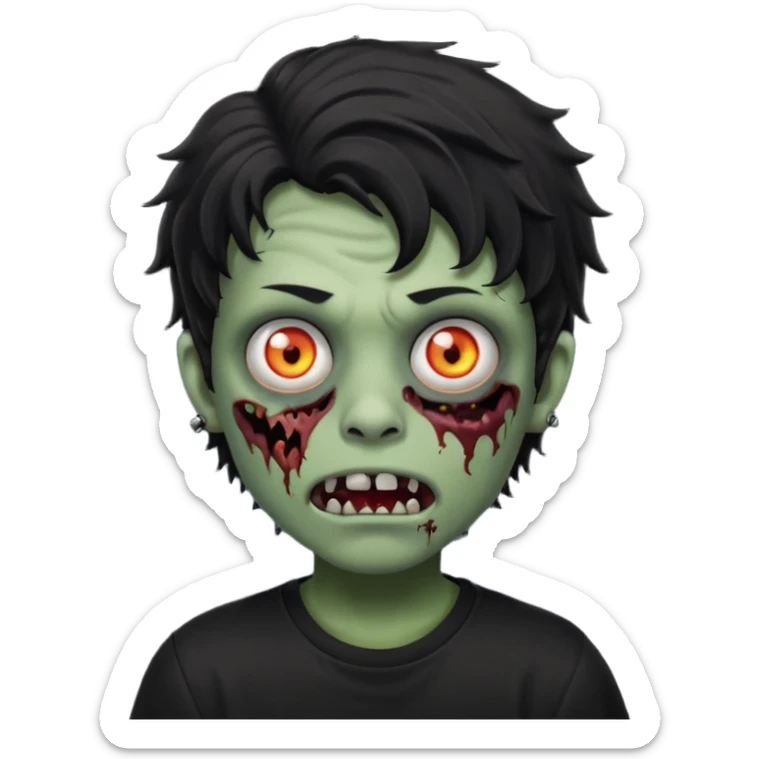 a boy with wavy hair, a zombie-shaped mouth piercing hum, and black hair with a black shirt too sticker