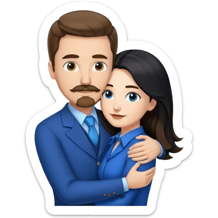 tall white man with brown hair goatee mustache hugging a pale woman with long black hair, wearing blue formal clothing sticker
