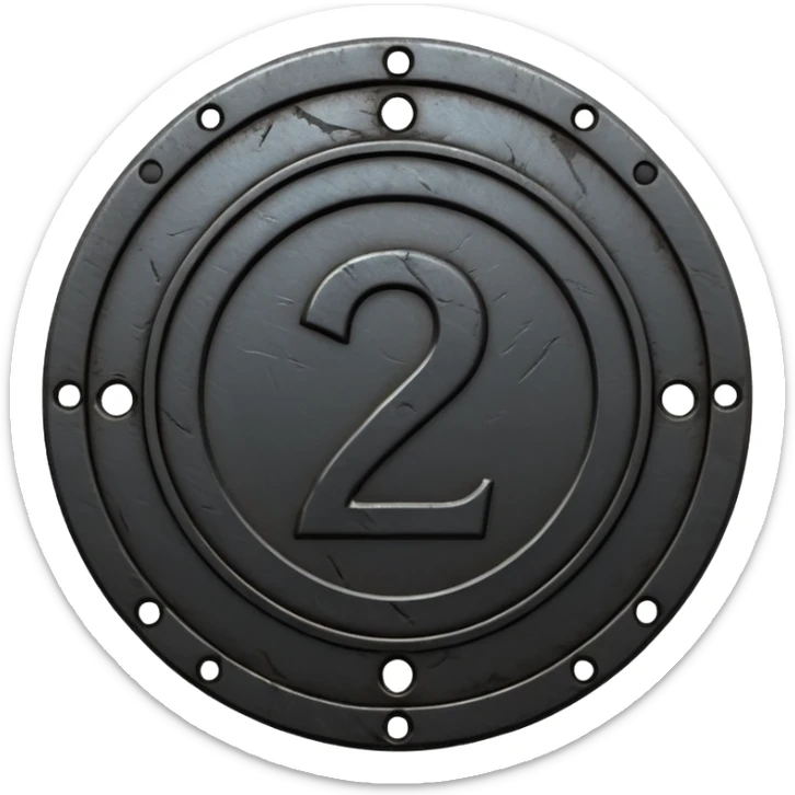 Minimal emoji, gothic metal coin made of black steel, engraved number 2 at the center, ancient industrial aesthetic, worn metal texture, no glow, no neon, flat emoji design, centered, transparent background sticker