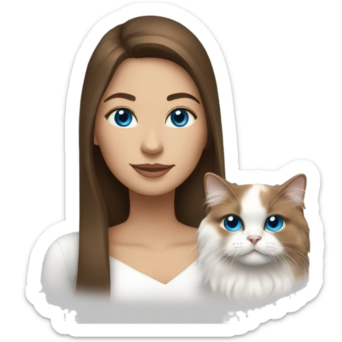 woman with long brown hair and holding an all-white persian cat with blue eyes sticker