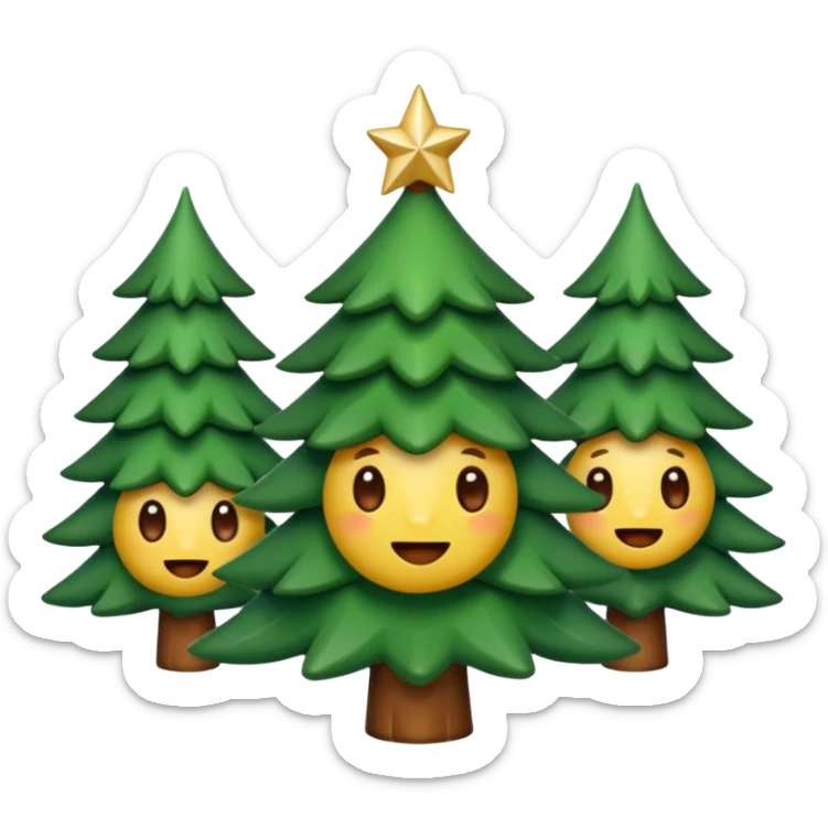 Un emoji représentant un petit sapin stylisé, sans bouche, avec deux grands yeux de biche brillants couleur cannelle. Style minimaliste, mignon et expressif, comme un sticker ou un emoji moderne. Fond parfaitement transparent, haute qualité, bien centré. sticker
