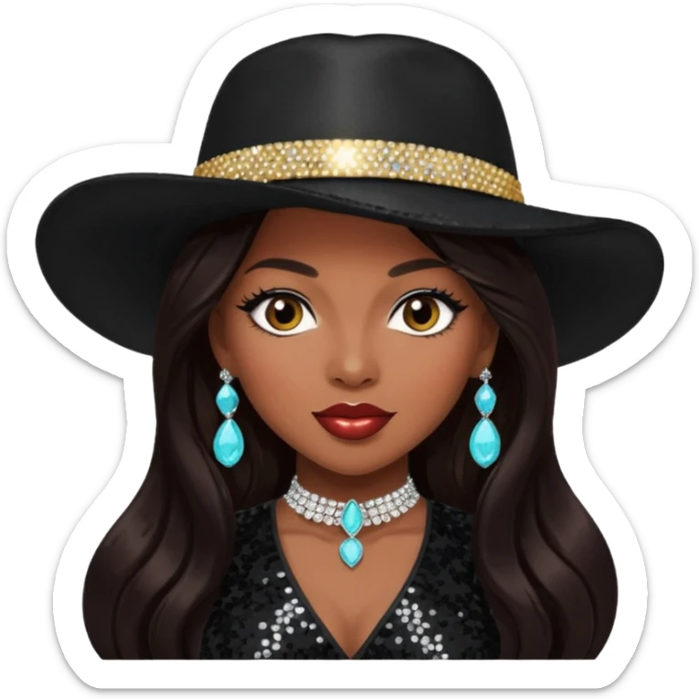 Tiffany "New York" Pollard with long dark brown hair, black sequin outfit, black hat sticker