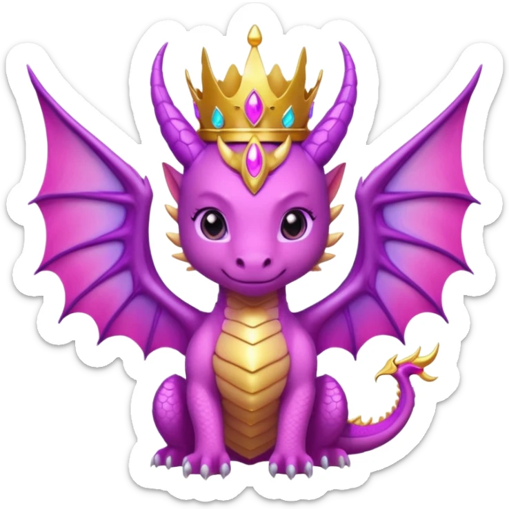 cute pink dragon queen with golden crown, big wings, glowing purple and pink aura, sparkling eyes, epic kawaii fantasy style, bold outline, high contrast, transparent background, twitch badge sticker