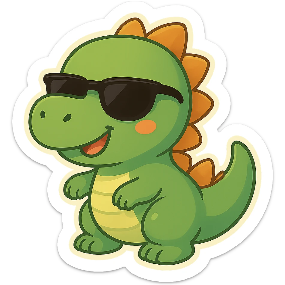 Add cool black sunglasses to the funny dinosaur in cartoon chibi sticker style, keep the background transparent. sticker